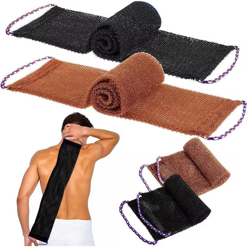 Heavy-Duty Long Nylon African Net Sponge 1Pc, 31.5" Body Exfoliator Scrubber in Black/Brown, Reusable with Rope Handle