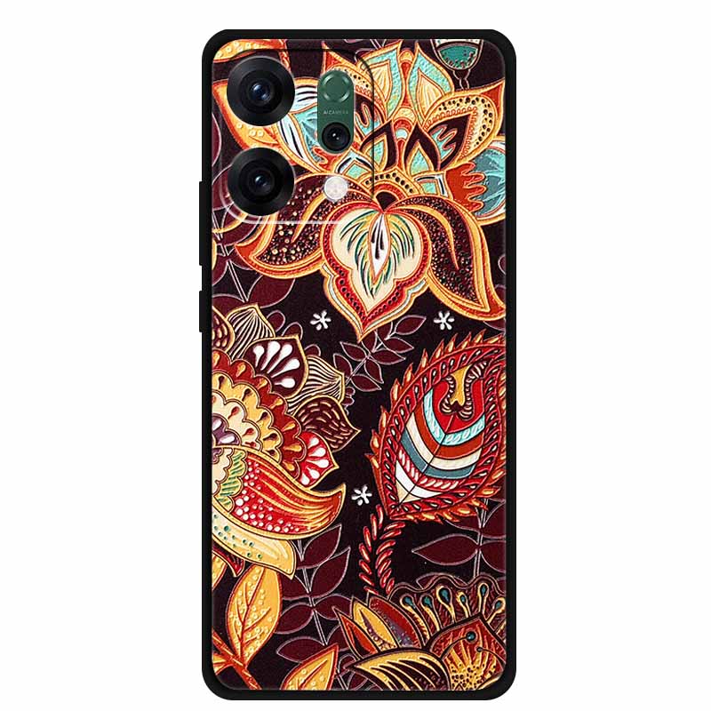 For Oppo Reno 14 5G 3D CaseRelief Flowers Emboss Phone Cover For Oppo Reno 14 Black Silicone Shockproof Soft Fundas Protector