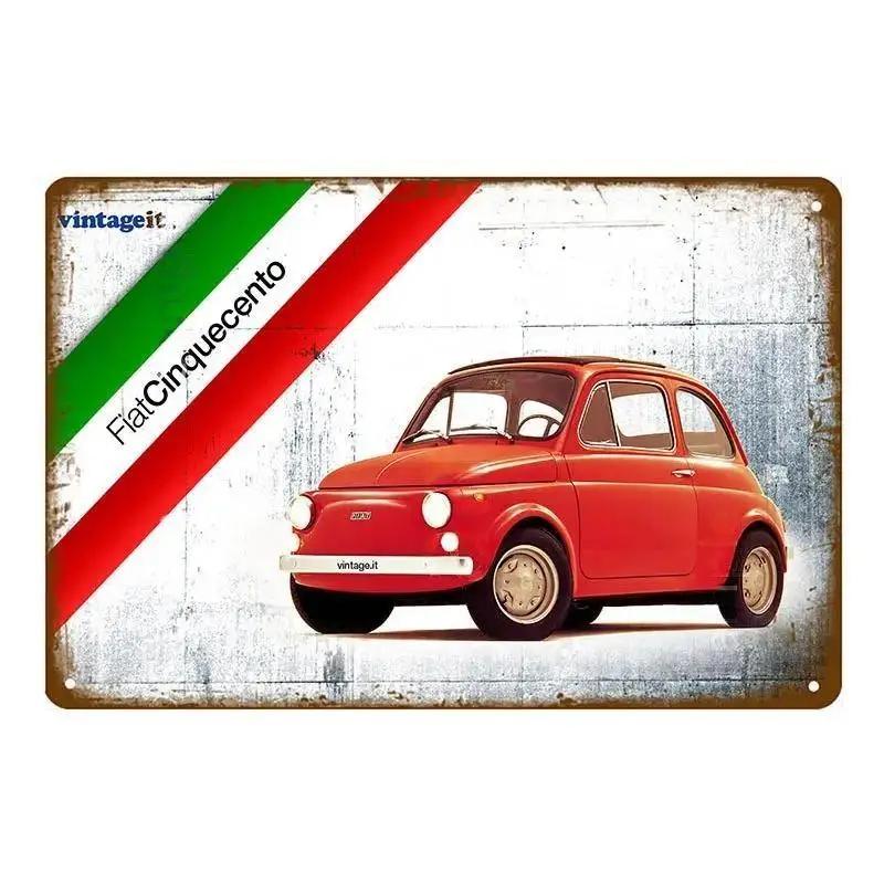 Sinais de Lata de Metal Vintage Clássico Fiat 500 Pôster de Metal Decoração de Arte de Parede Pôster Decoração de Parede para Casa Café Bar Pub Pôster Arte em Metal de Carro