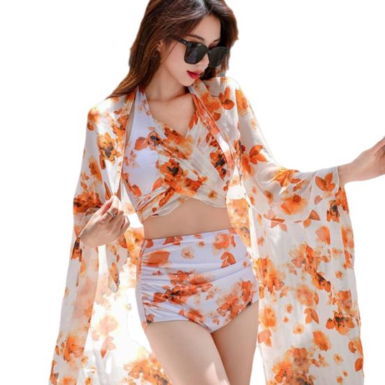 

3 шт./компл. женские пляжные трусы, комплект с высоким бюстгальтером без рукавов, комплект бикини, шорты на талии с длинными M оранжевый