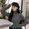 Women Striped Turtleneck Long Sleeve Base Layer Top Slim Fit Pullover Undershirt Autumn Winter
