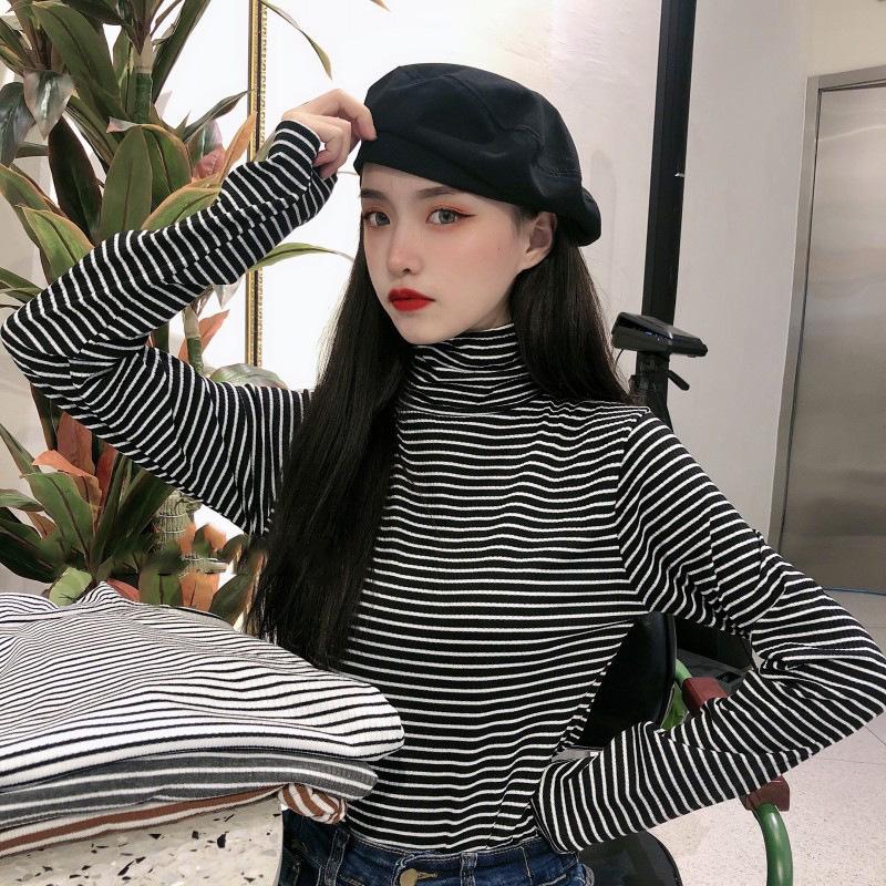 Women Striped Turtleneck Long Sleeve Base Layer Top Slim Fit Pullover Undershirt Autumn Winter