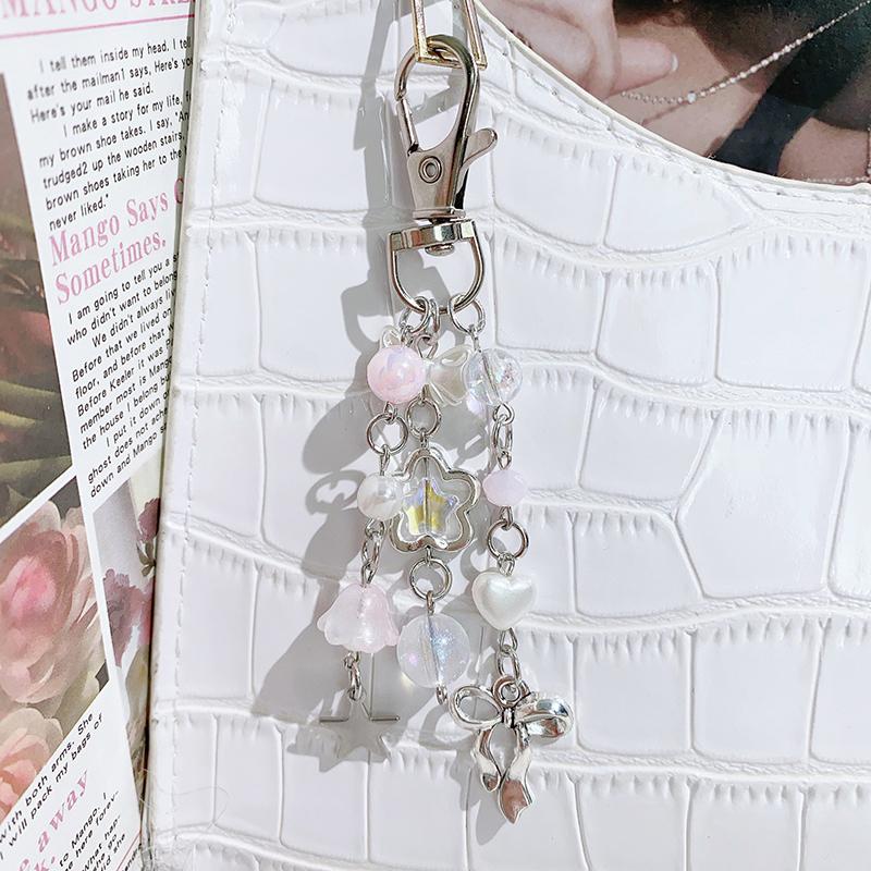 Korean Style Fresh Bow Star Keychain Y2K Sweet Beaded Keyring Girly Bag Pendant Key Accessories Cute Key Holder Gift