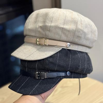 Leather Buckle Line Octagonal Hat Women's Autumn and Winter Retro British Style Belt Newsboy Hat Painter Hat