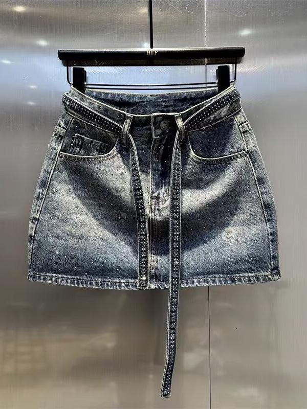 Rhinestone Denim-Rock in Übergröße - Hoher Bund Schlankmachender A-Linien-Schnitt für kurvige Frauen