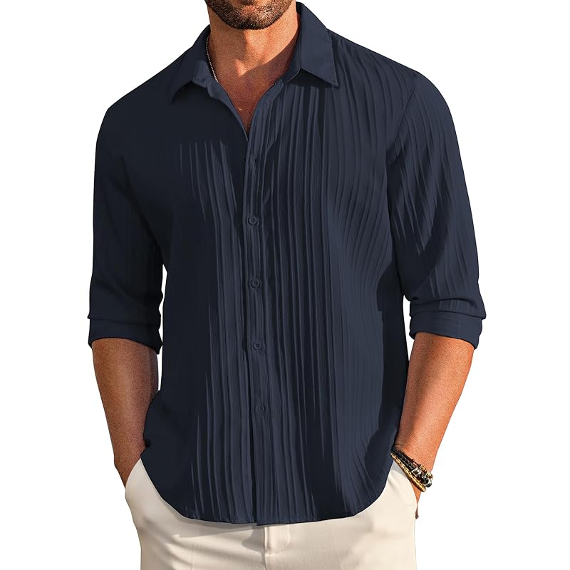 Deemoon Men' Casual Button Down Shirts Long Sleeve Linen Shirt Fashion Textured Beach Summer Shirt