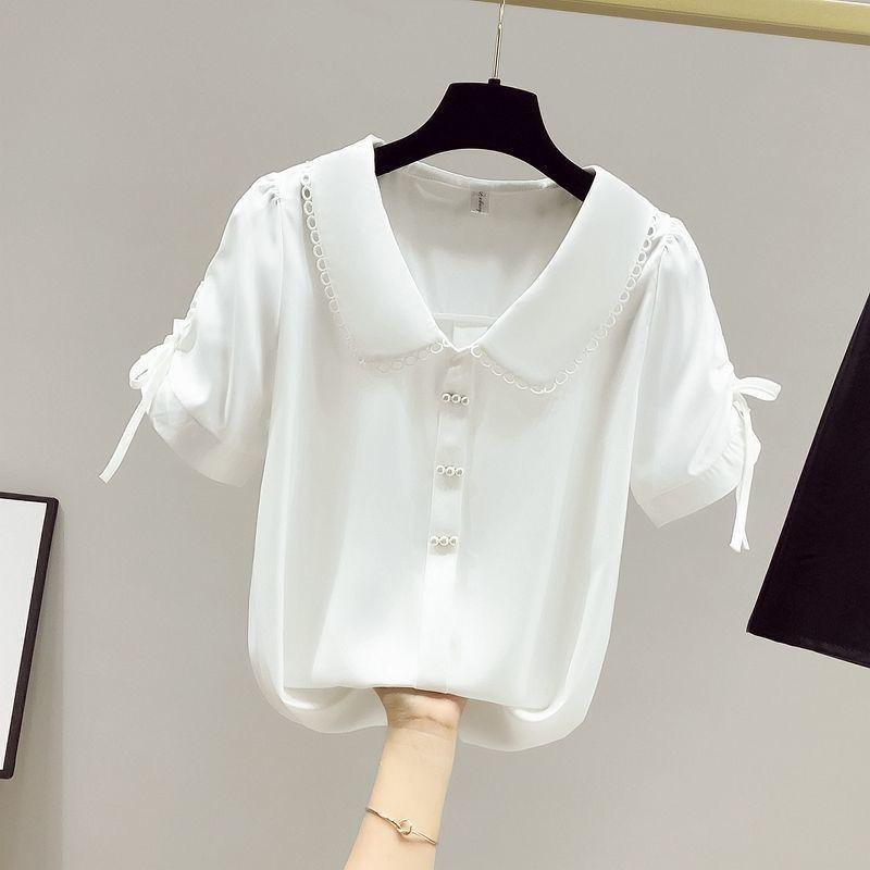 Women's Sweet White Peter Pan Collar Pearl Button Chiffon Blouse
