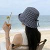 Spring and summer new plaid bow sunshade fisherman hat children outdoor big eaves show small face versatile sunscreen hat basin hat