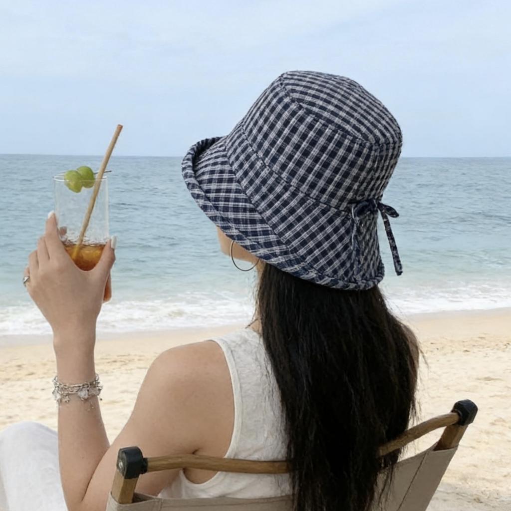 Spring and summer new plaid bow sunshade fisherman hat children outdoor big eaves show small face versatile sunscreen hat basin hat