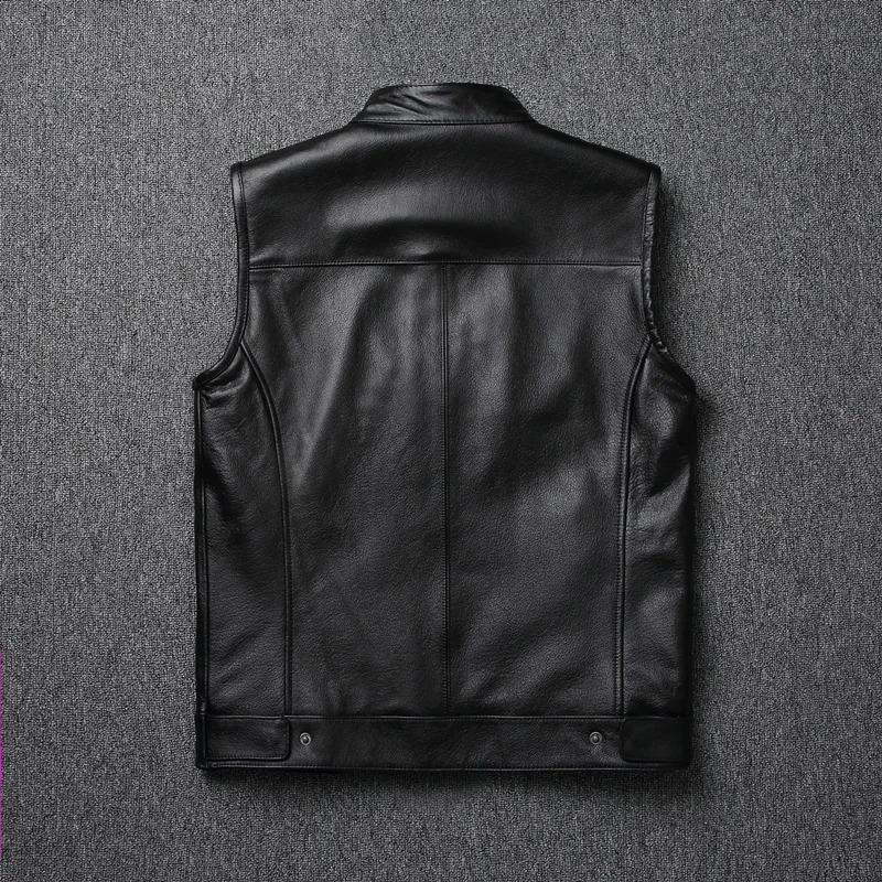 Chiński rozmiar Prawdziwa skóra bydlęca Harley Motocyklowe kamizelki Prawdziwa skóra bydlęca Kurtka bez rękawów Czarny Moto Biker Kamizelki Slim Fit Klub Jazda Wiosna