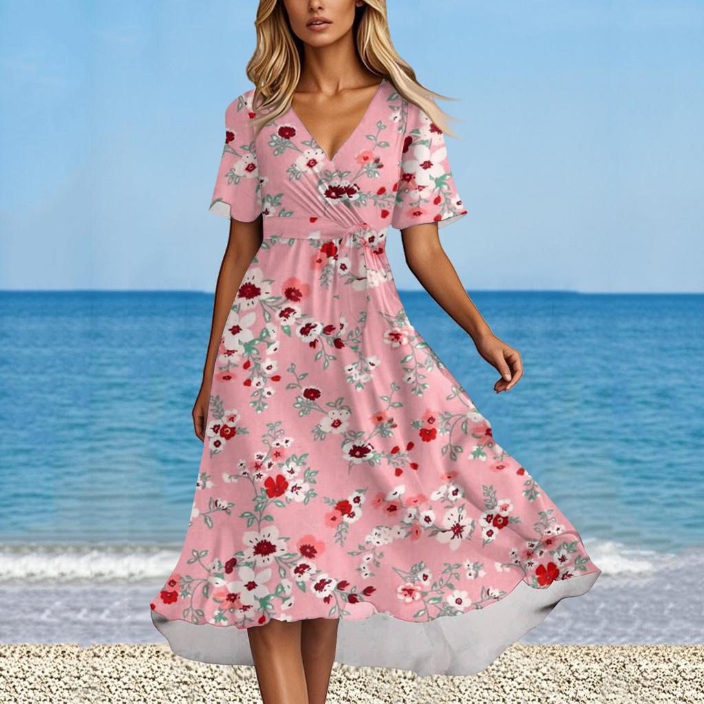 Women's Summer Fashion V-Neck Flared Dress Short Sleeve Floral Dresses