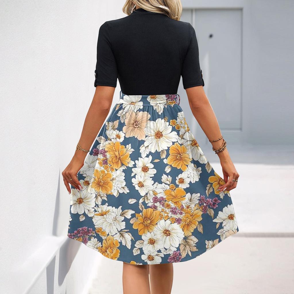 Dámské módní ležérní opasek s krátkým rukávem, kulatým výstřihem, květinový elegantní temperamentní šaty