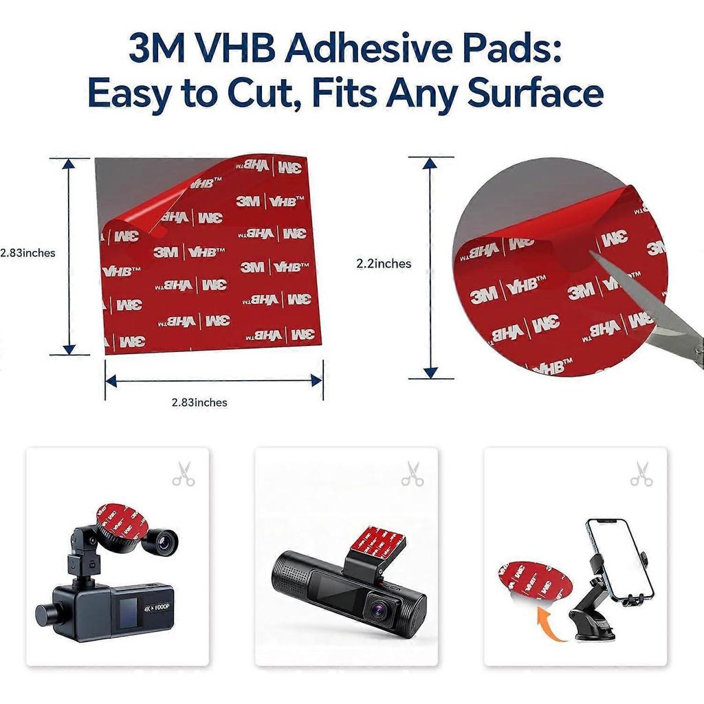 3M VHB Heat Resistant Double Sided Tape Automotive, 6Pcs Mounting Kit Includes 4X 2.2 Round and 2X 2.8 Square Adhesive Pads for Car Phone Holder, Das