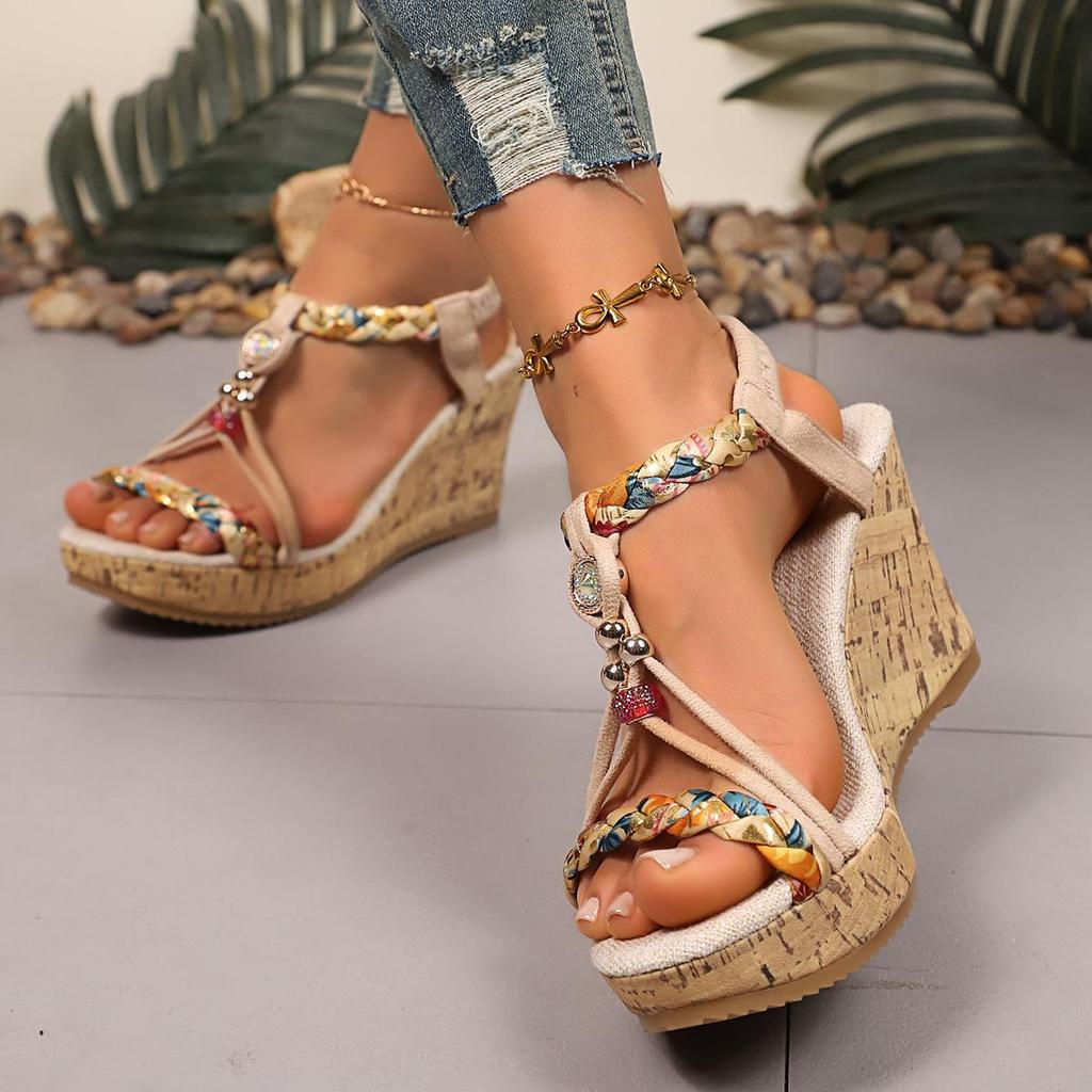 2026 Plus Size Women's Fashion Color Block Open-Toe Wedge Sandals with Woven Elastic Band