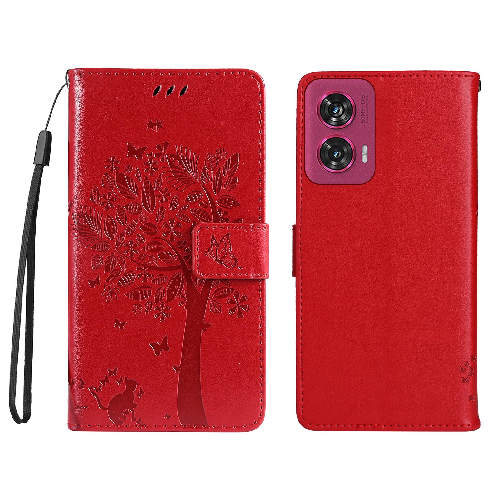 

For Motorola Edge 50 Fusion 5G Phone Case with Stand Cat Tree Pattern Leather Wallet Mobile Cover Red