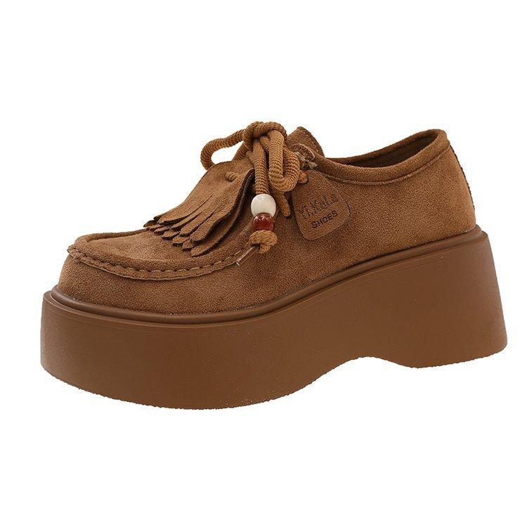 [Armano] Platform Women's All-inclusive Lace-up Heightening Kangaroo Shoes Summer and Autumn 2025 New Loafers Small Leather Shoes