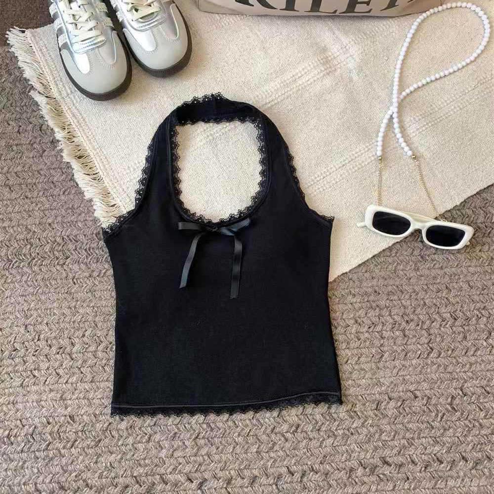 Women s Lace Trim Halter Neck Cami, Bow Detail Slim-Fit Cotton Tank with Built-in Bra One size