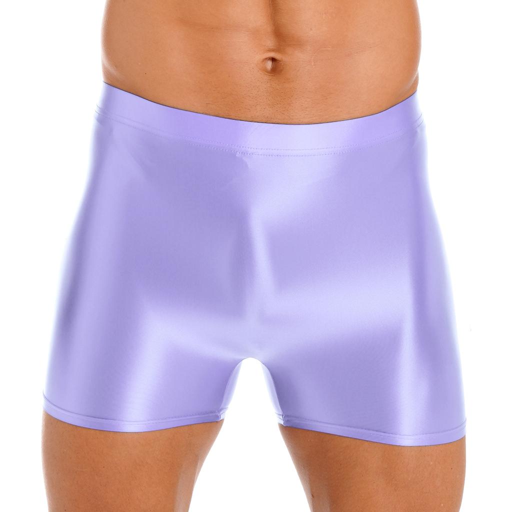 Men Glossy Mid Waist Shorts Elastic Waistband Short Leggings for Yoga Swimwear Sportswear Sleepwear