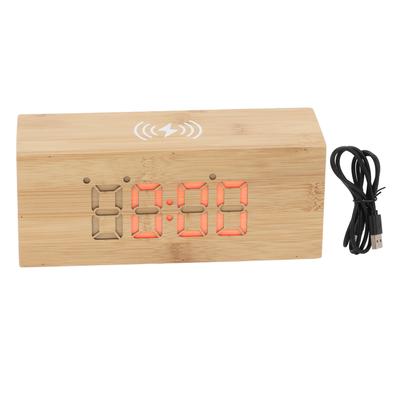 Multifunktionaler Wecker aus Holz Thermometer Kabelloses Ladegerät Digitaler LED Zeit Datum Wecker für