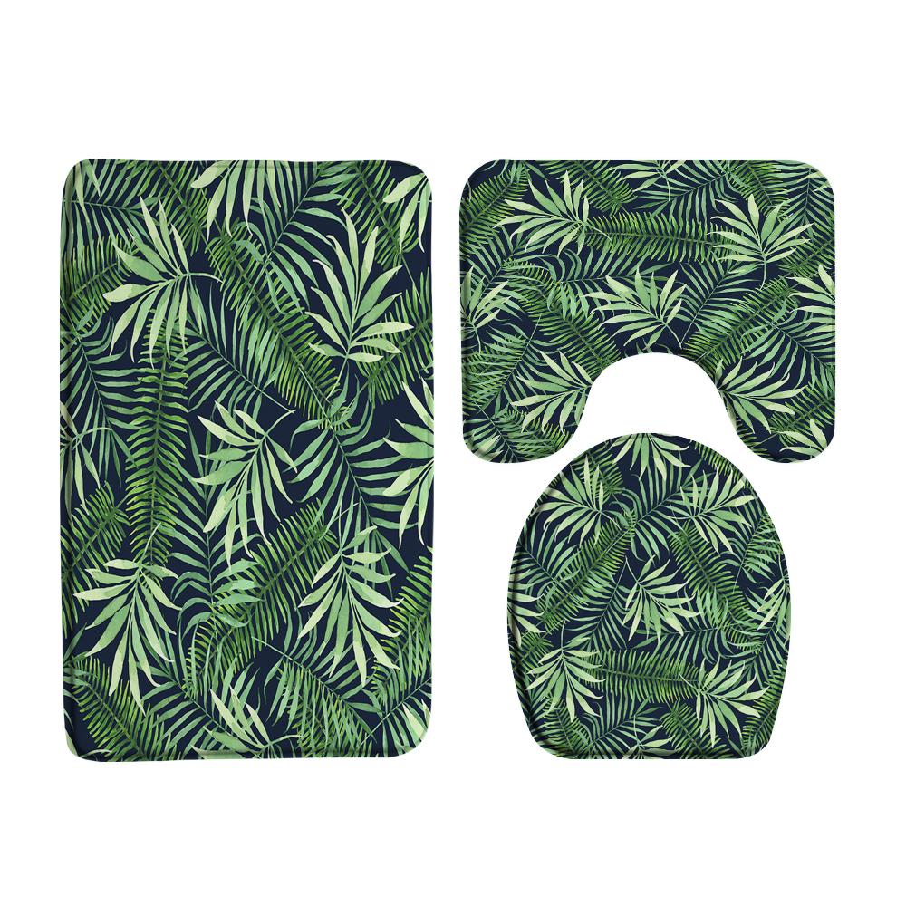 Black and Gold Tropical Plant Palm Leaf Bathroom Shower Curtain Set for Bathtub Exotic Leaves Bath Mats Rugs Toilet Home Decor