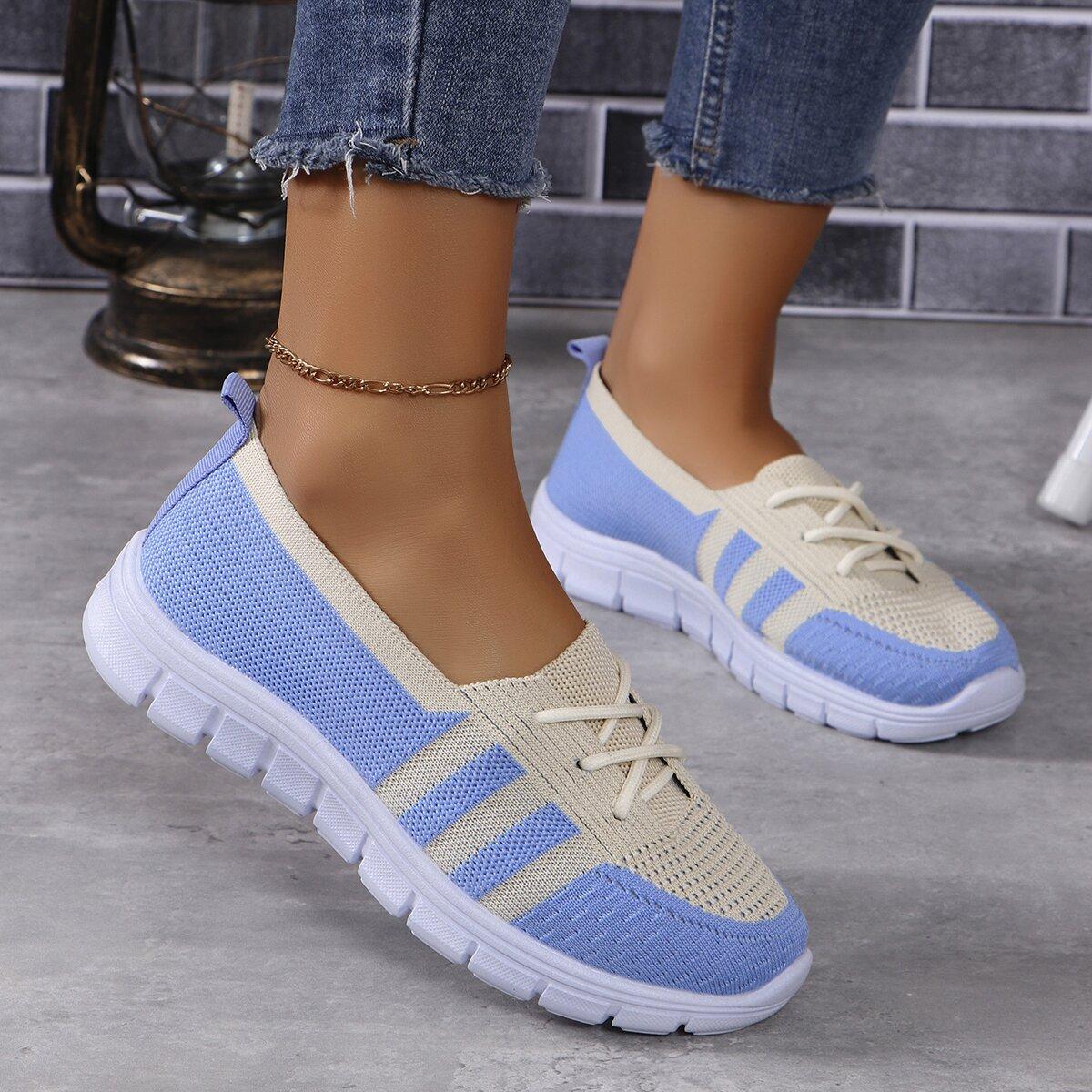 

Сетчатые трикотажные полосатые туфли на плоской подошве для женщин 2024 года, летние повседневные кроссовки на шнуровке, женские дышащие мокасины с мягкой подошвой, размер плюс 42 42 синий