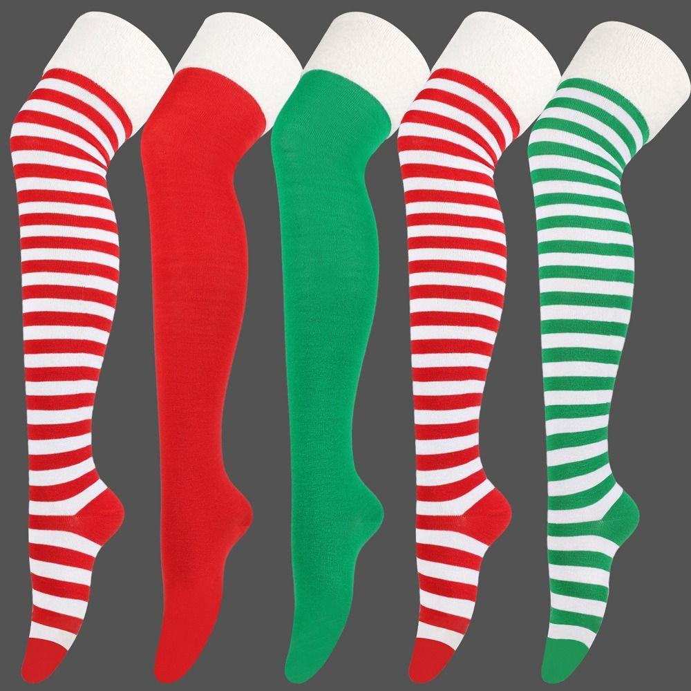NEW Polyester Cotton Over Knee High Socks Multi-color Slim Christmas Hosiery Striped Long Socks Women