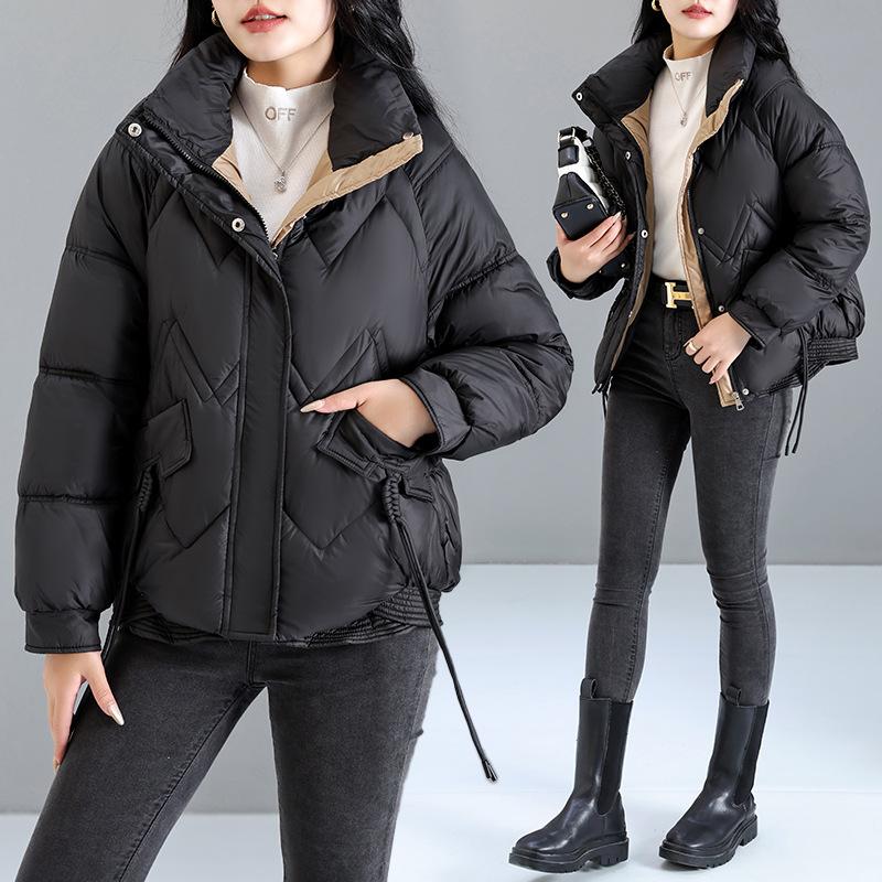 Korean version of fashion lingge literary and artistic loose plus size short down cotton jacket women's 2025 stand-up collar thickened padded jacket