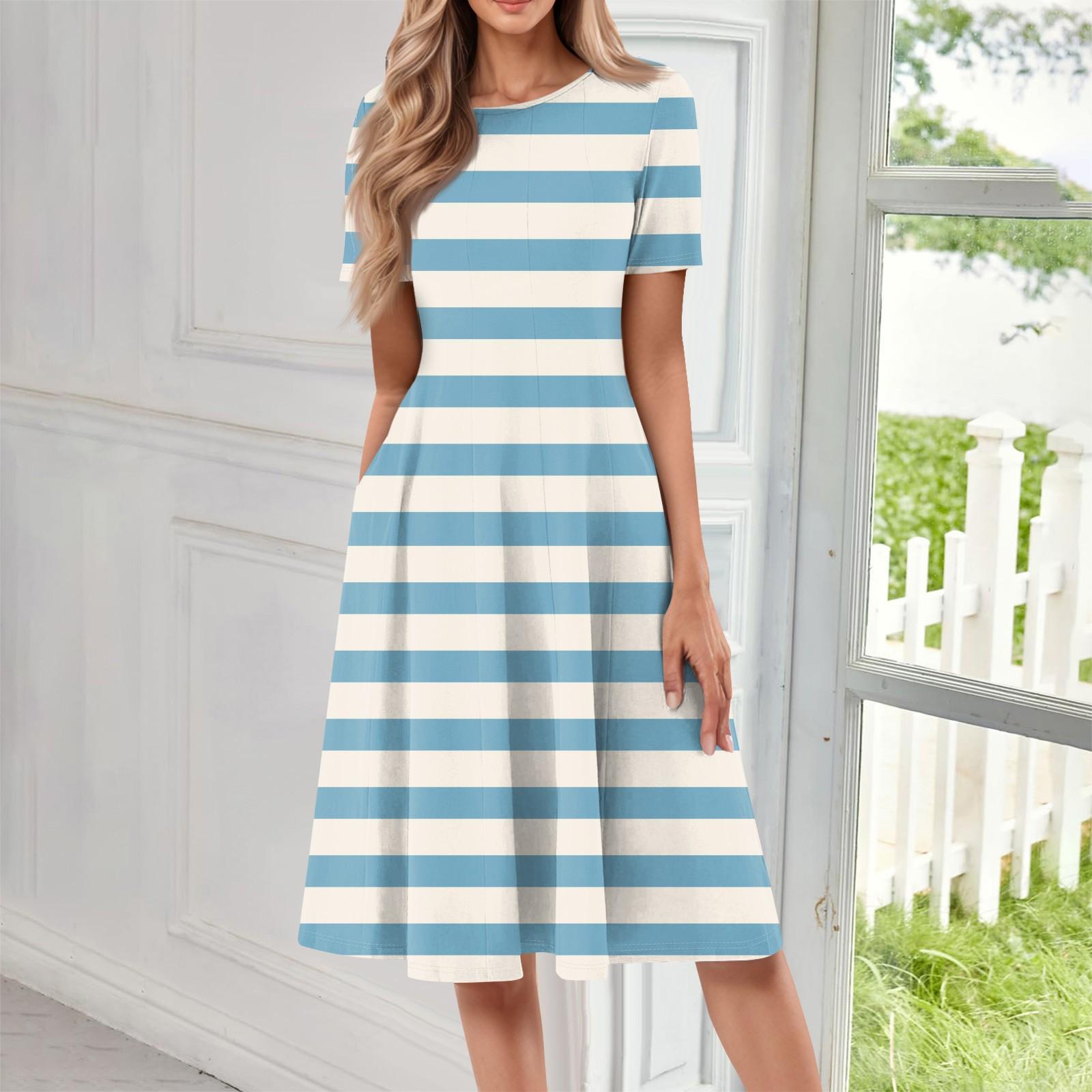 

Женское свободное повседневное и модное платье с круглым вырезом и короткими рукавами, средней длины с принтом XXL небесно-голубой