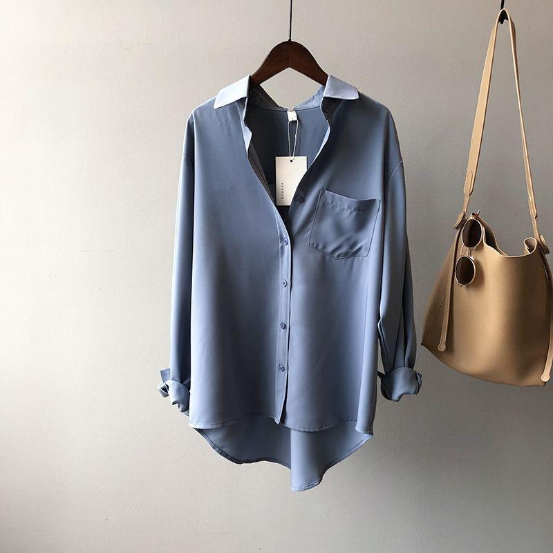 Women's Loose Gray-Blue Long-Sleeve Shirt - Niche Korean Hong Kong Style for Spring and Autumn