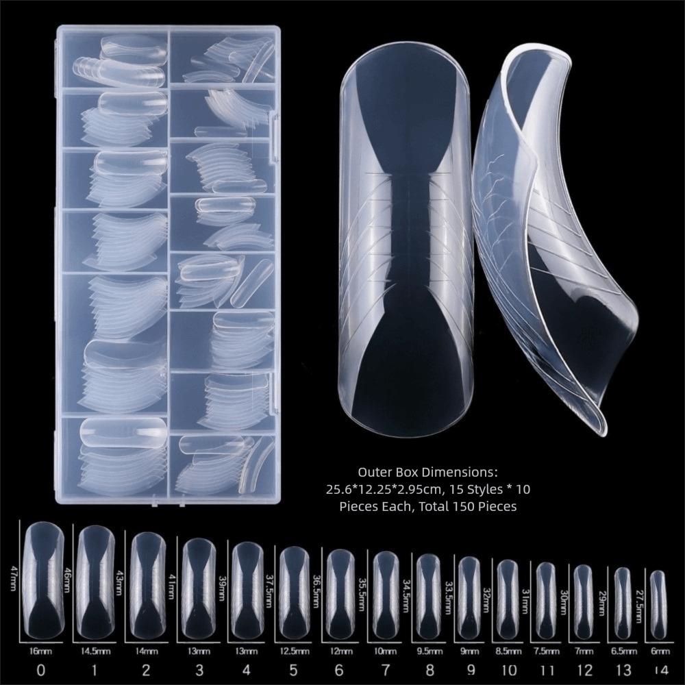 150pcs Coffin Shape Sandwich Nail Forms Natural Clear with Auxiliary Line Double-Sided Fake Nails Clear Extension Almond Shape