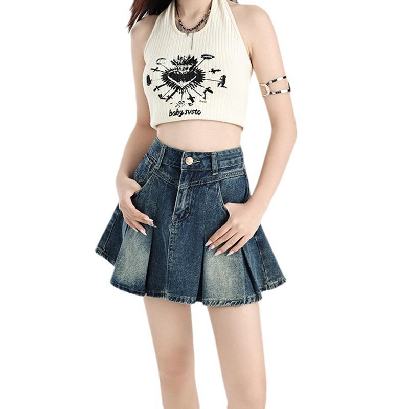 Spring-Summer High Waist Retro Denim Pleated Mini Skirt for Women