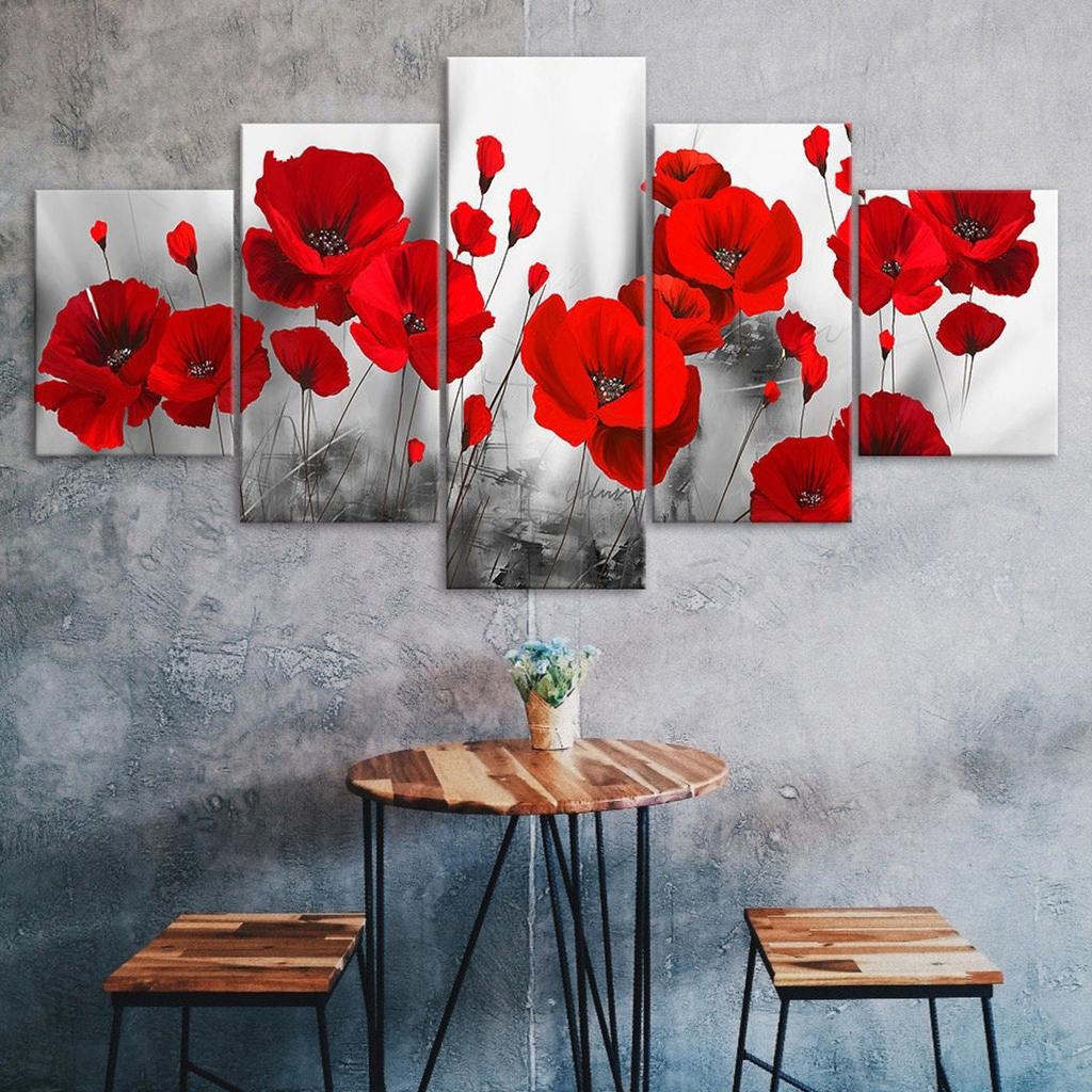 Red Poppy Flower Plant Abstract Scene 5 Piece Five Panel Wall Canvas Print Modern Art Poster Picture Home Decor Gift For Him For Her