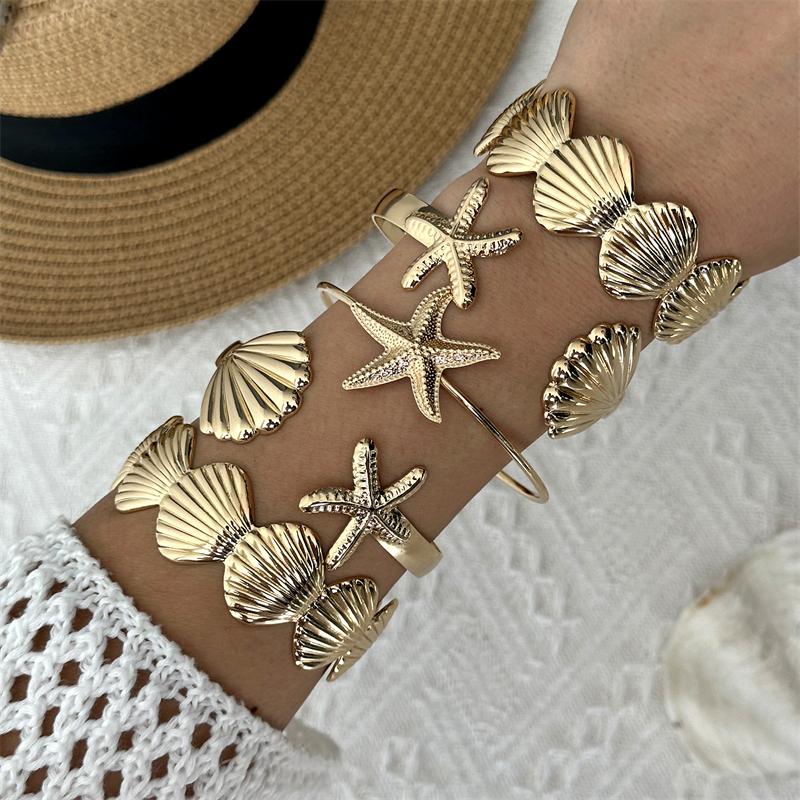 5 Pcs/Set Summer Gold Color Adjustable Open Bangles for Women Classic Shell Starfish Cuff Bracelet Girls Beach Party Jewelry