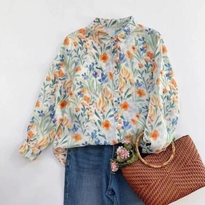 French Fashion Shirt Floral Printed Loose Top Women Spring Summer Versatile Thin