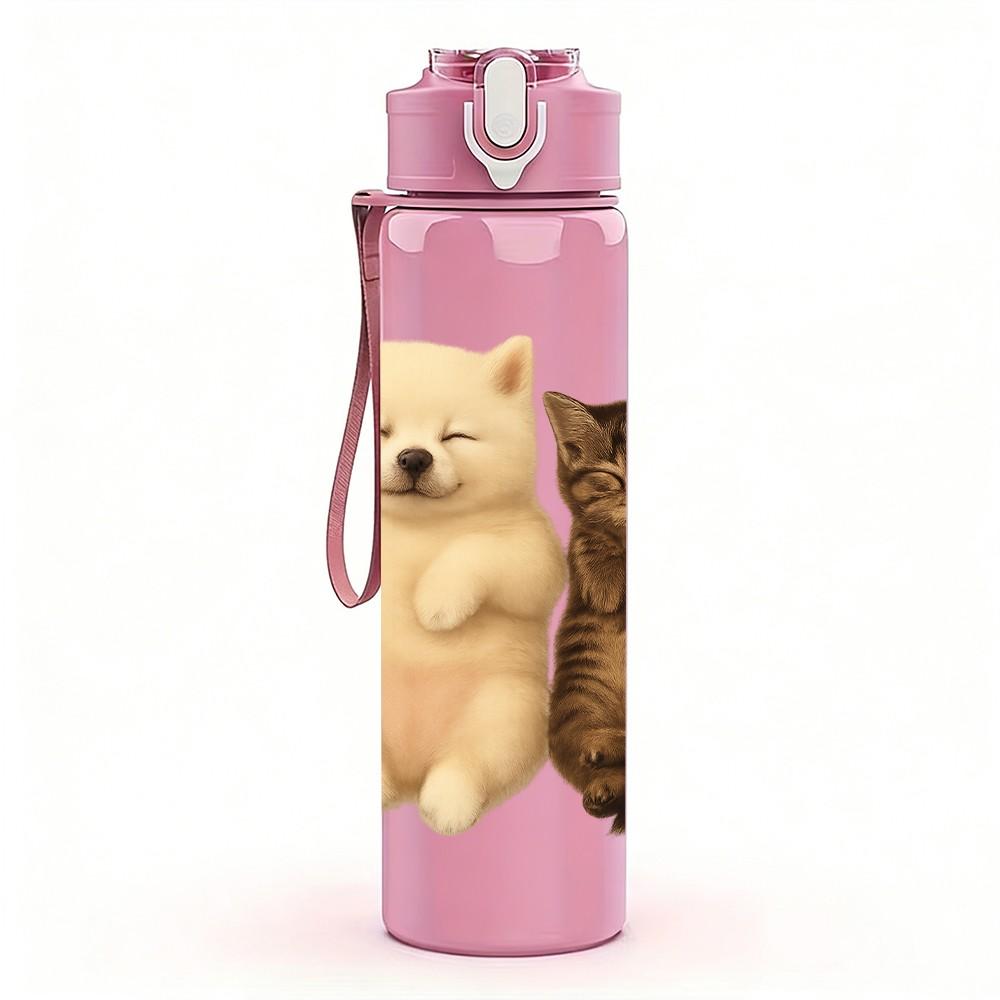 1PC Two Cats Gesture Cartoon Art 750ml Color Plastic Sports Water Bottle Leakproof Flip Straw Lid Suitable for Sports Office Home Use