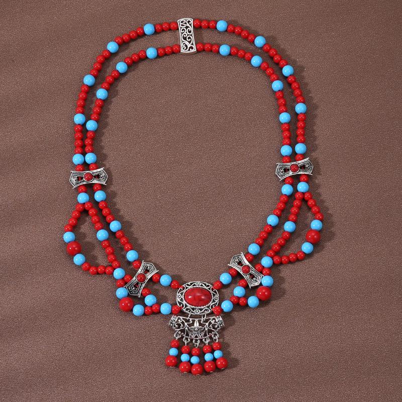 Böhmisches Retro Halsketten- & Ohrring-Set: Ethnischer Stirnschmuck im tibetischen Stil