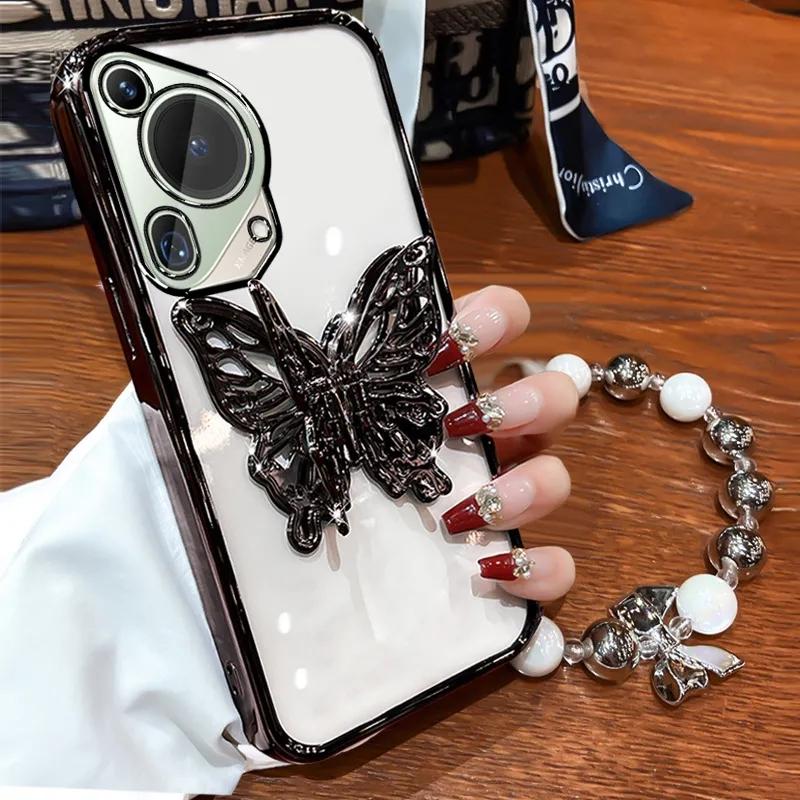 3D Butterfly Phone Holder Bead Bracelet Glitter Plating Case for Huawei Pura 70 Ultra P60 P50 P40 P30 P20 Lite Pro Back Cover