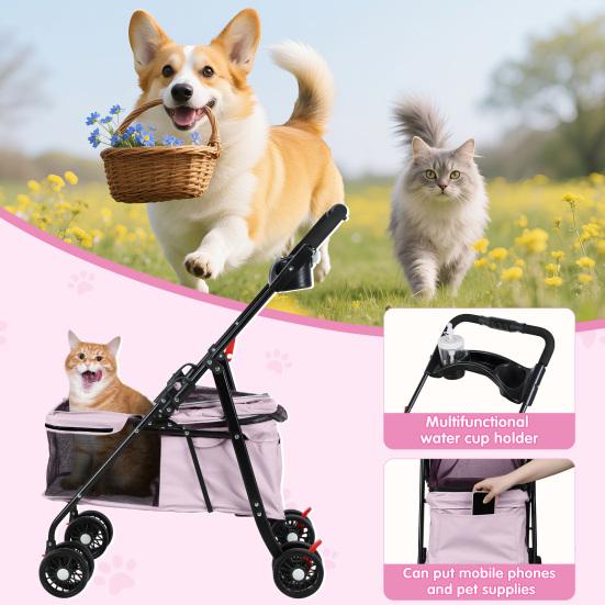 4 Wheels Folding Pet Stroller with Cup Holder, Breathable Mesh for Small Dogs and Cats, 7.5kg Capacity
