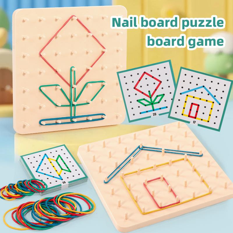 Activating Toys Kids Geoboard Wooden Pegboard Puzzle Toy With Rubber Bands & Pattern Cards, Montessori Early Learning Stem Toy For Toddlers 3+