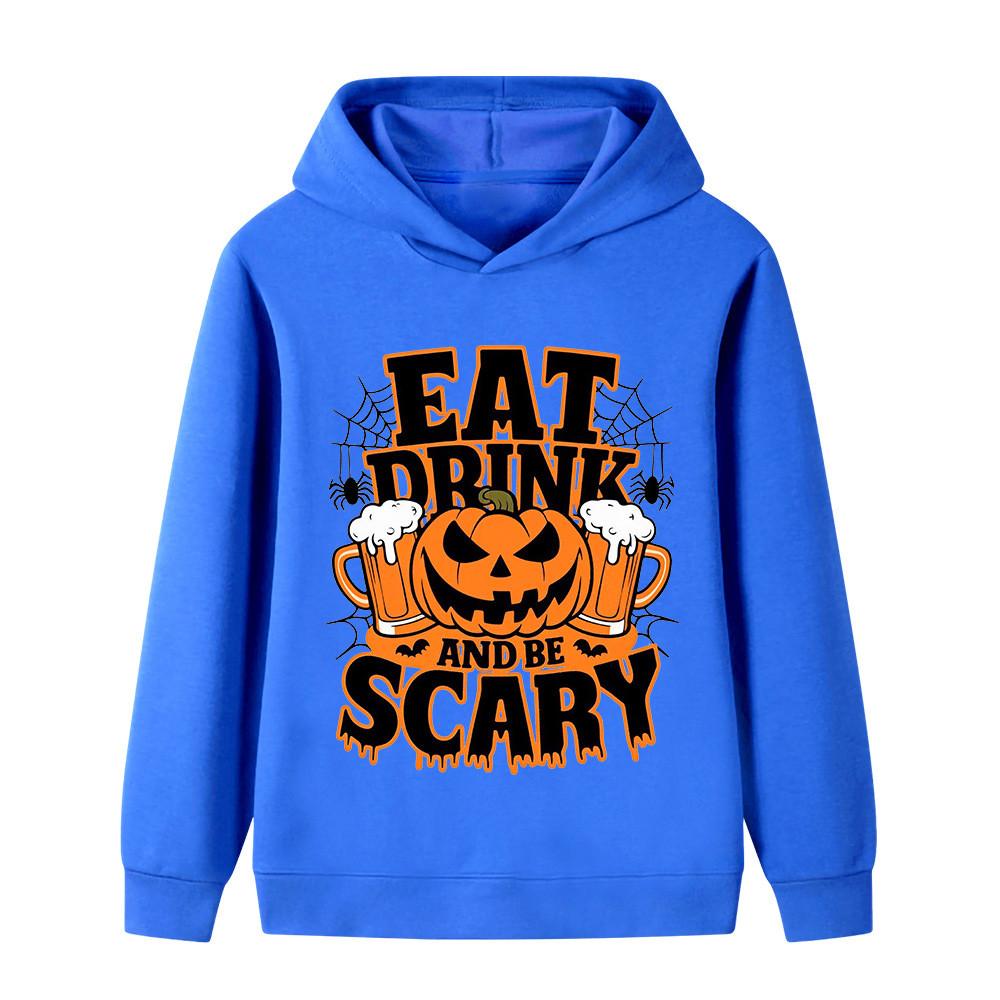 Soft Children Hoodie, Halloween Pumpkin Beer Cup Spider Web Slogan Print, Autumn Winter Long Sleeve Pullover Sweatshirt For Kids Daily Wear