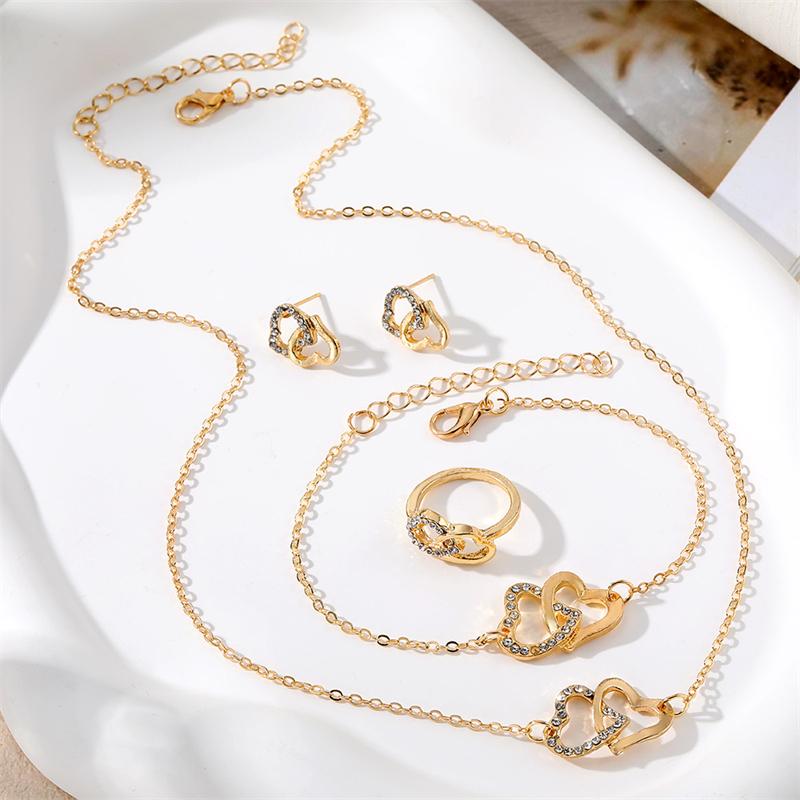 Heart In Heart Women's Jewelry Set Earrings/Necklaces/Bracelets/Rings Gold Color Metal Bohemian Female Jewelry Set Party Gifts