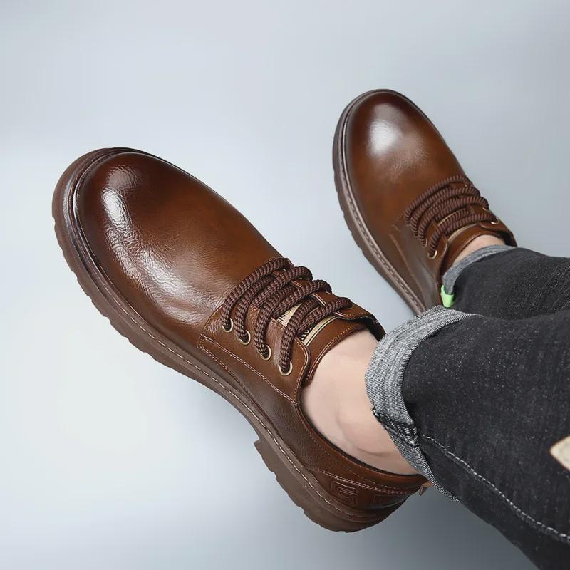 Men's Retro Derby Low-Top Leather Casual Work Shoes - Breathable, Round Toe, American Style