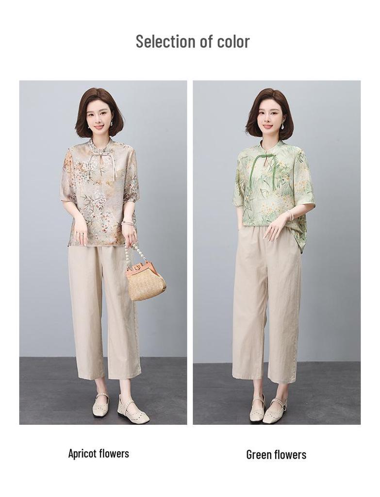 2024 Letní Dámský Národní Styl Bavlněno-Lněný Dvoudílný Set pro Křivky