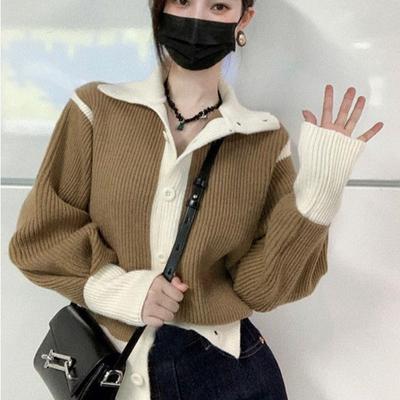 Lazy Korean Sweater 2023 Spring Hong Kong Chic Color Contrast Design Sensation Small Group Sweater Cardigan Coat Top Female