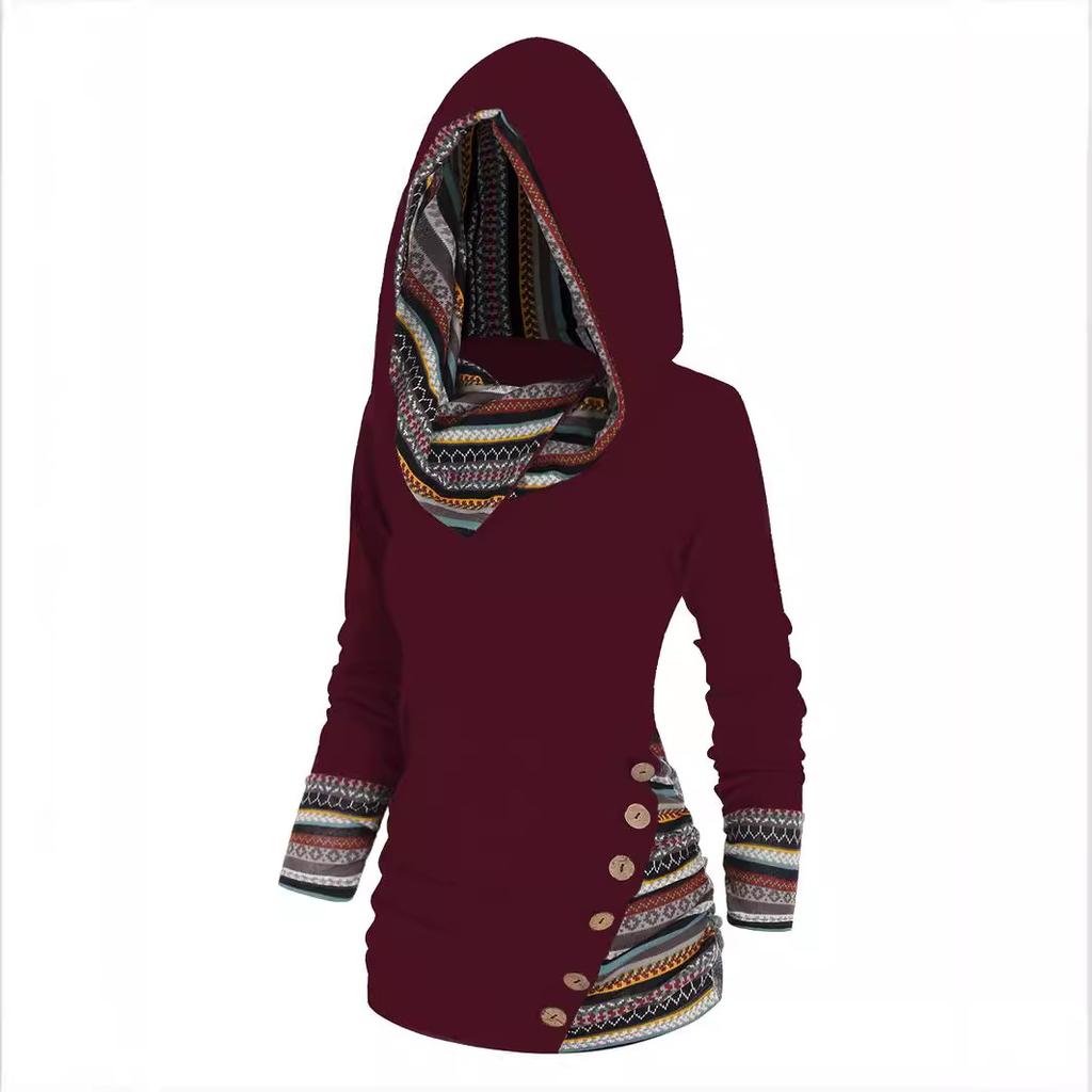 Tribal Geometric Stripe Splicing Hooded Top Knitted Long Sleeve Button Casual Ethnic Sweater