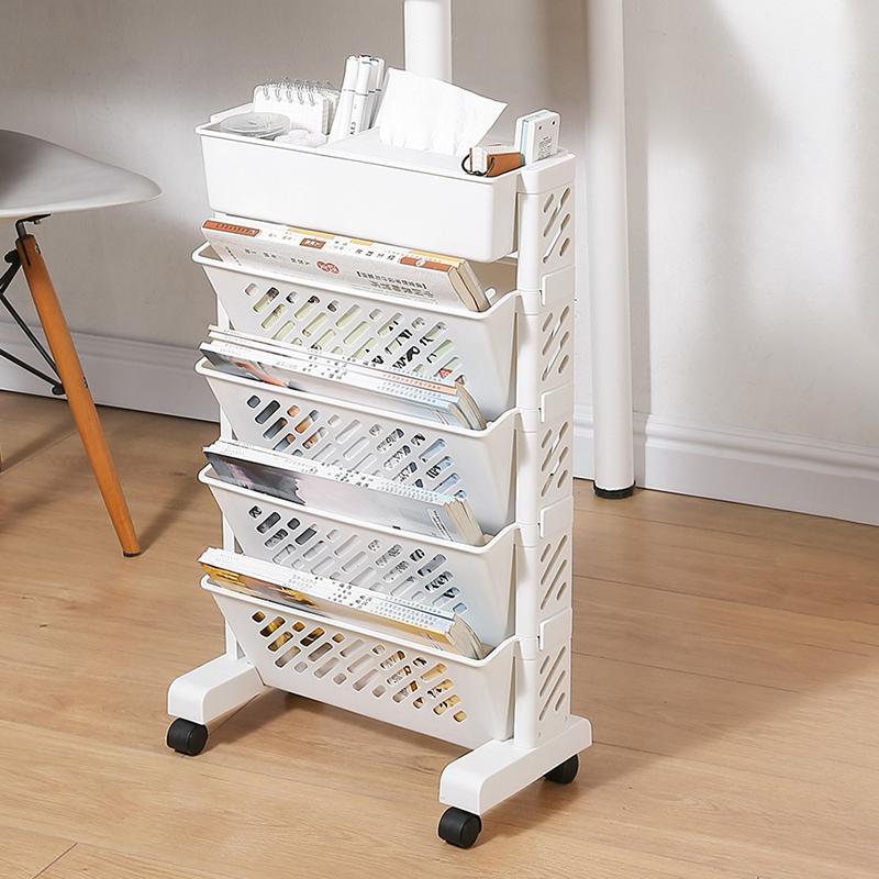 

5-Tier Plastic Book Shelf with Wheels Tissue Box Design Hollow Storage Trolley Type A
