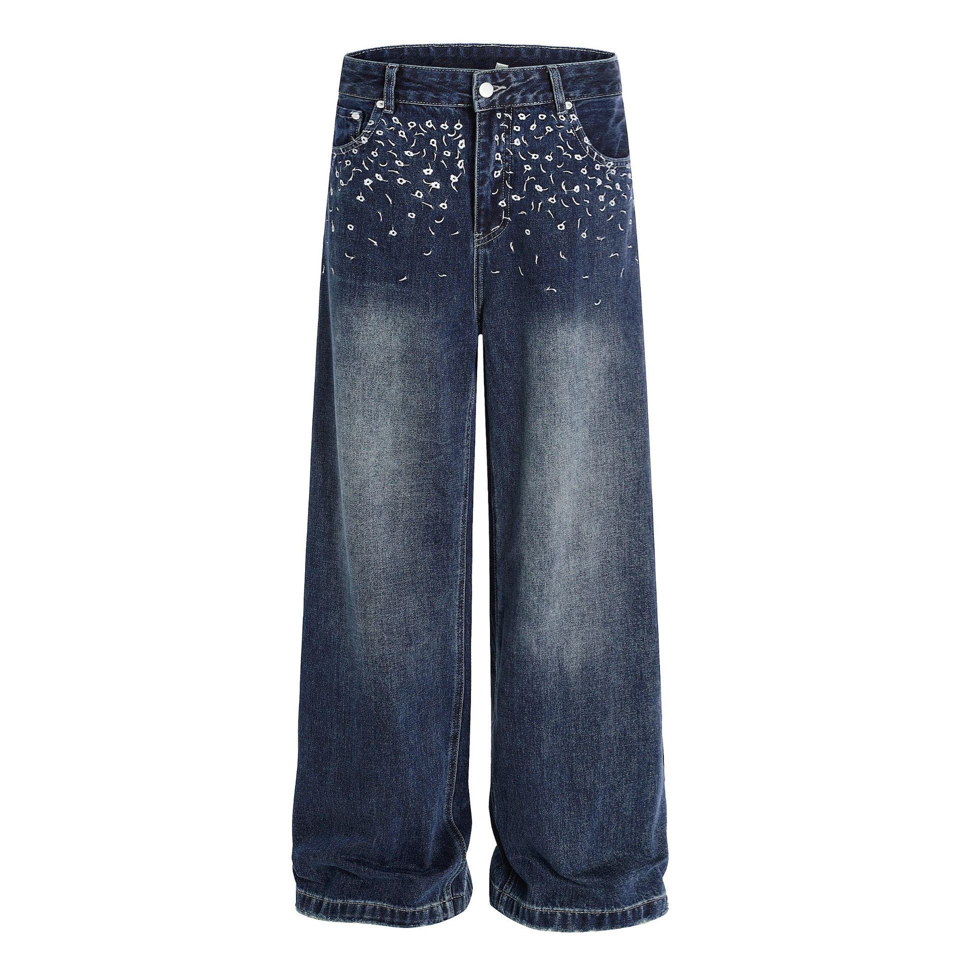 

Джинсы широкого кроя с цветочной вышивкой OREETA: Унисекс Американский Ретро Прямой Крой Дизайн Длиной до Пола M