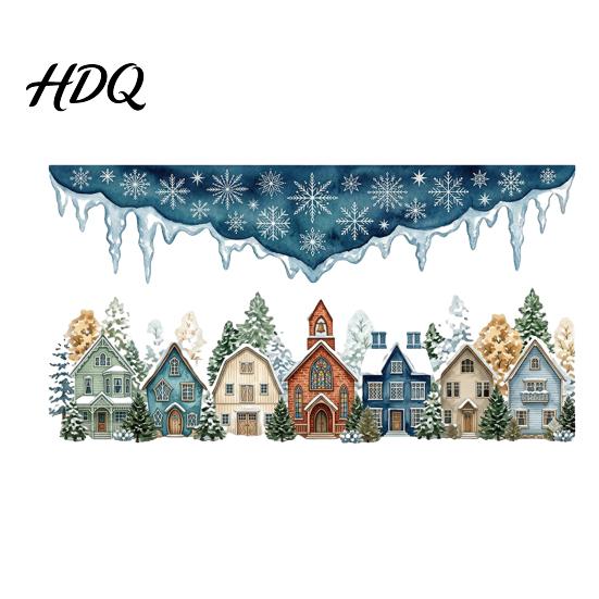 Transparent Decorative Film Christmas Winter Village Static Window Clings, Snowflake Snow House Wonderland Decals Stickers, Removable for Xmas