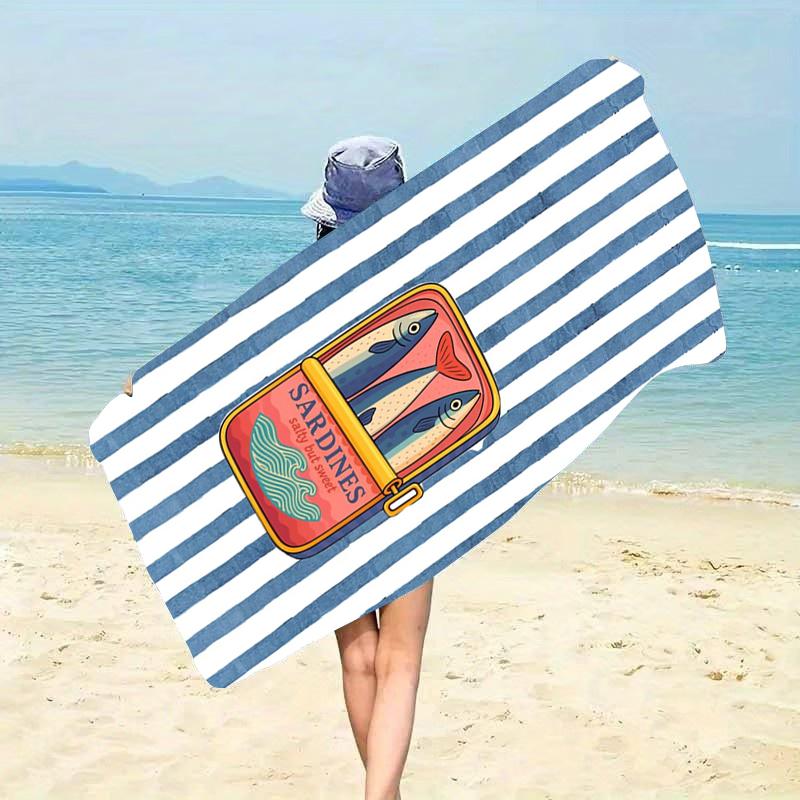 Sardines Can Pattern Beach Towel Blue White Stripe Retro Design Lightweight Travel Towel Women Summer Gift