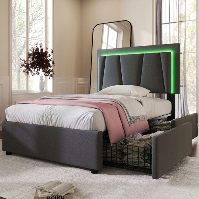 Lit Simple 90x200 Cm - MUVOE - Garu - Éclairage LED - Tête De Lit Réglable - 2 Tiroirs